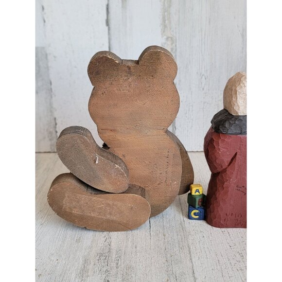 Vintage wooden teddy bear Santa Claus unique rustic folk art set decor - Picture 6 of 7